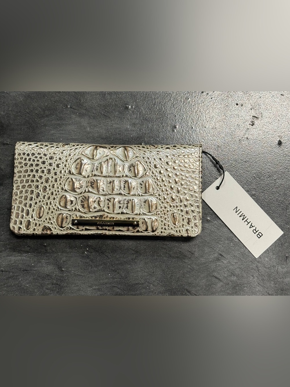 NWT BRAHMIN ADY BEIGE LIGHT TAN LINEN NEUTRAL LEATHER SLIM WALLET
